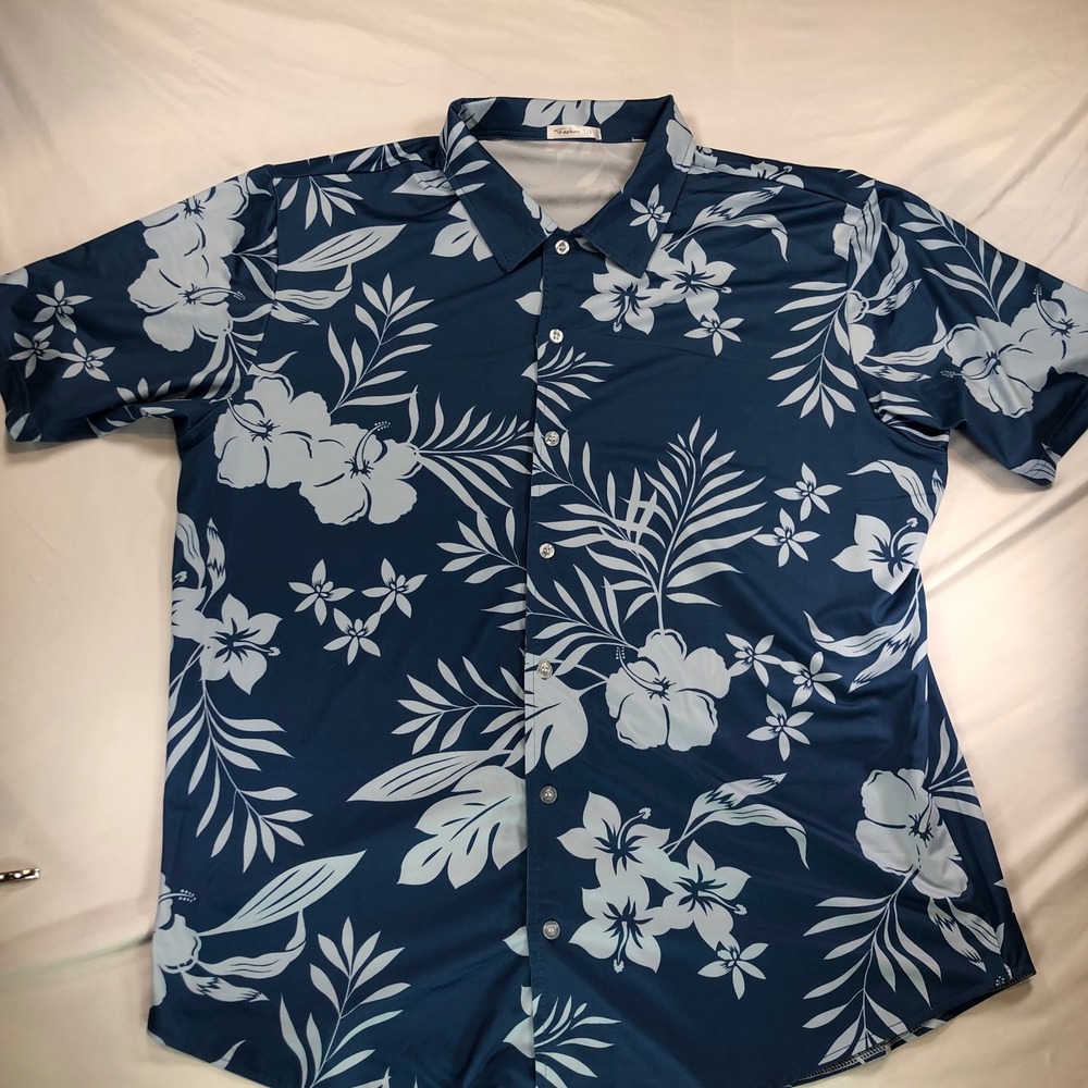 Fashion Men Blue White Tropical Hibiscus Floral Short Sleeve Button Down Shirt L